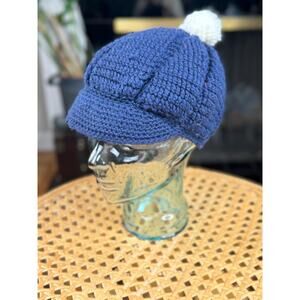 Vintage Pom Pom Knit Hat With Brim, Blue Crochet, 60s 70s Beanie Newsboy